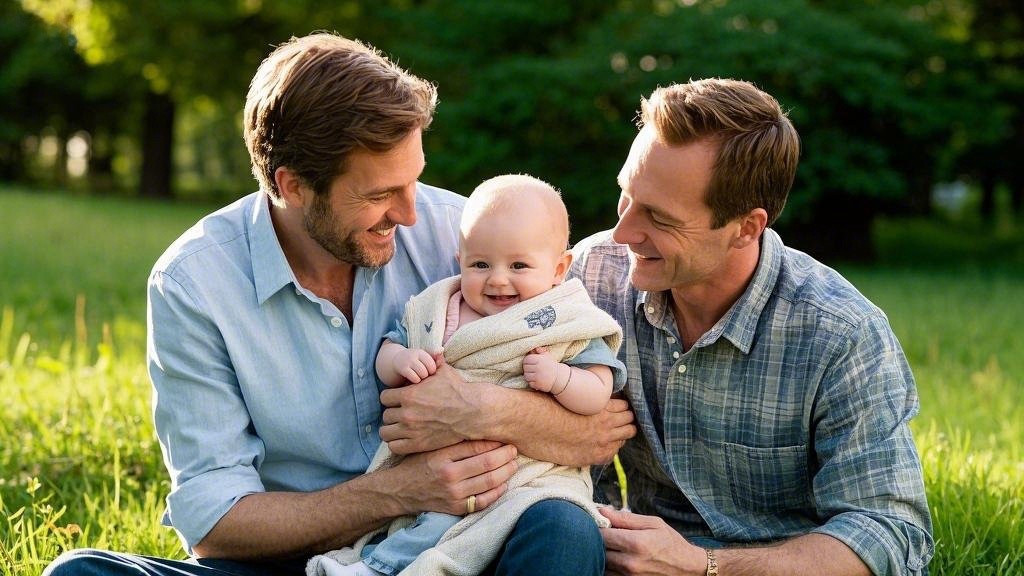 LGBT couple with their newborn baby, celebrating parenthood in Houston, TX