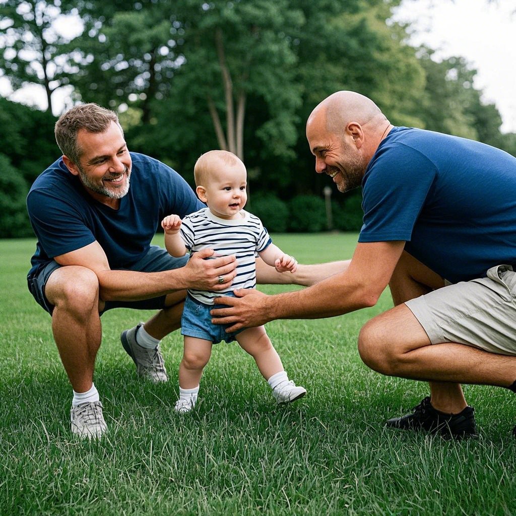 Happy gay couple with their newborn baby